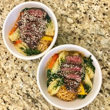 Baby Bok Choy & Rice Noodle Bowls (with Teriyaki Steak Tips)